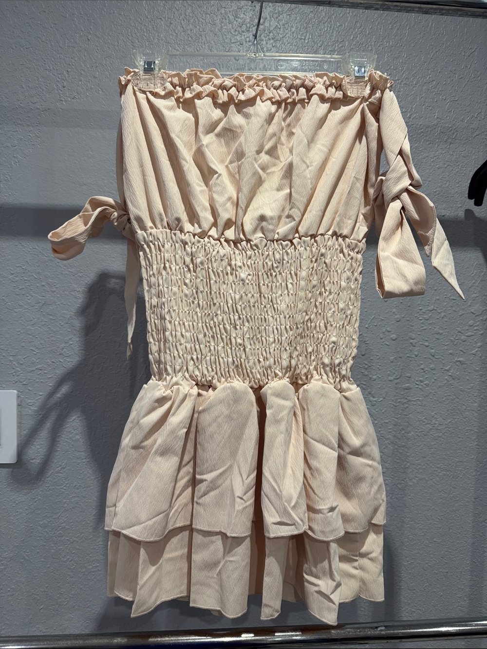 SHEIN Blush Pink Smocked Tiered Mini Dress with Tie Sleeves